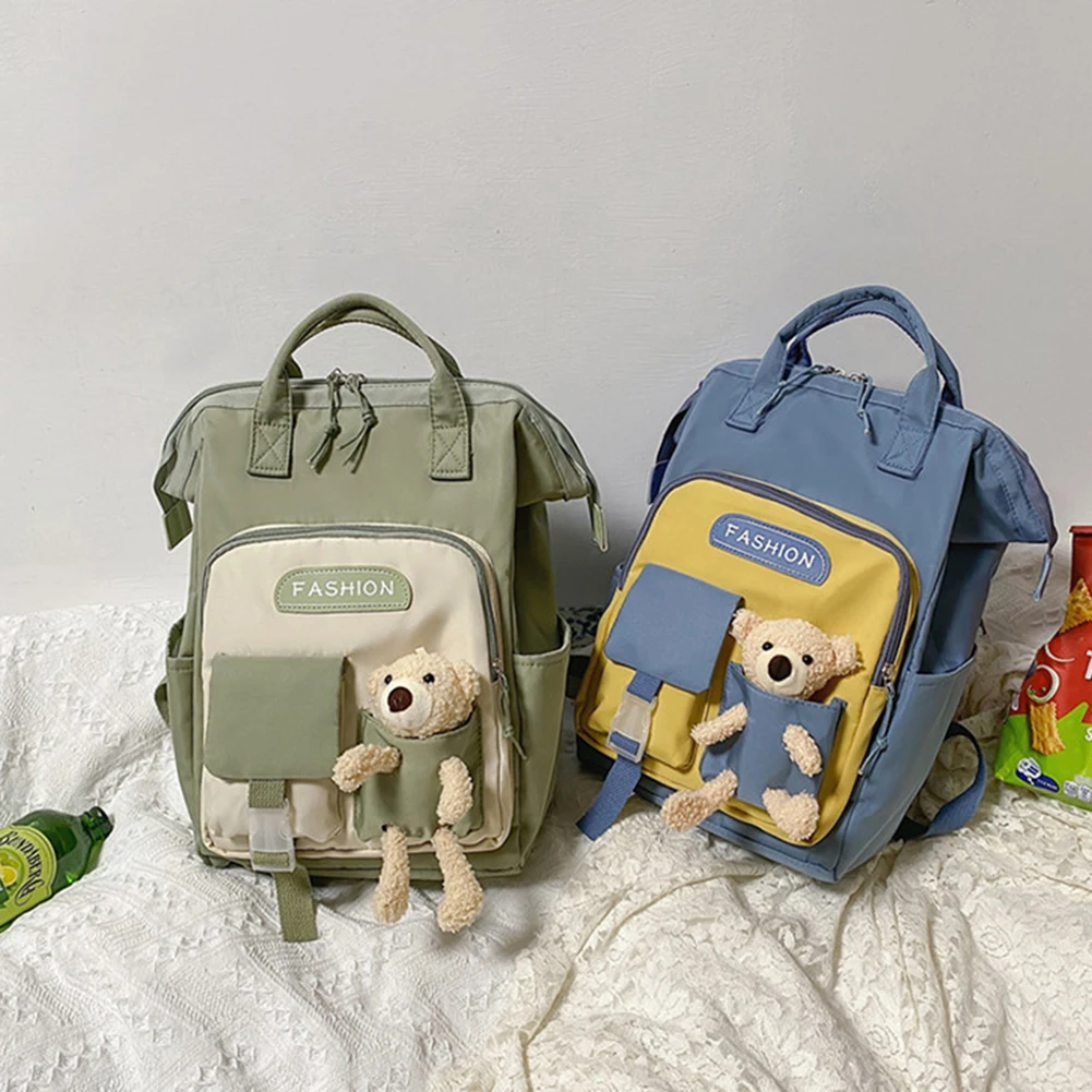 

Waterproof Preppy Style Backpacks Hit Color Plush Bear Rucksack Ladies Casual Large Capacity Handbags Traveling Knapsacks