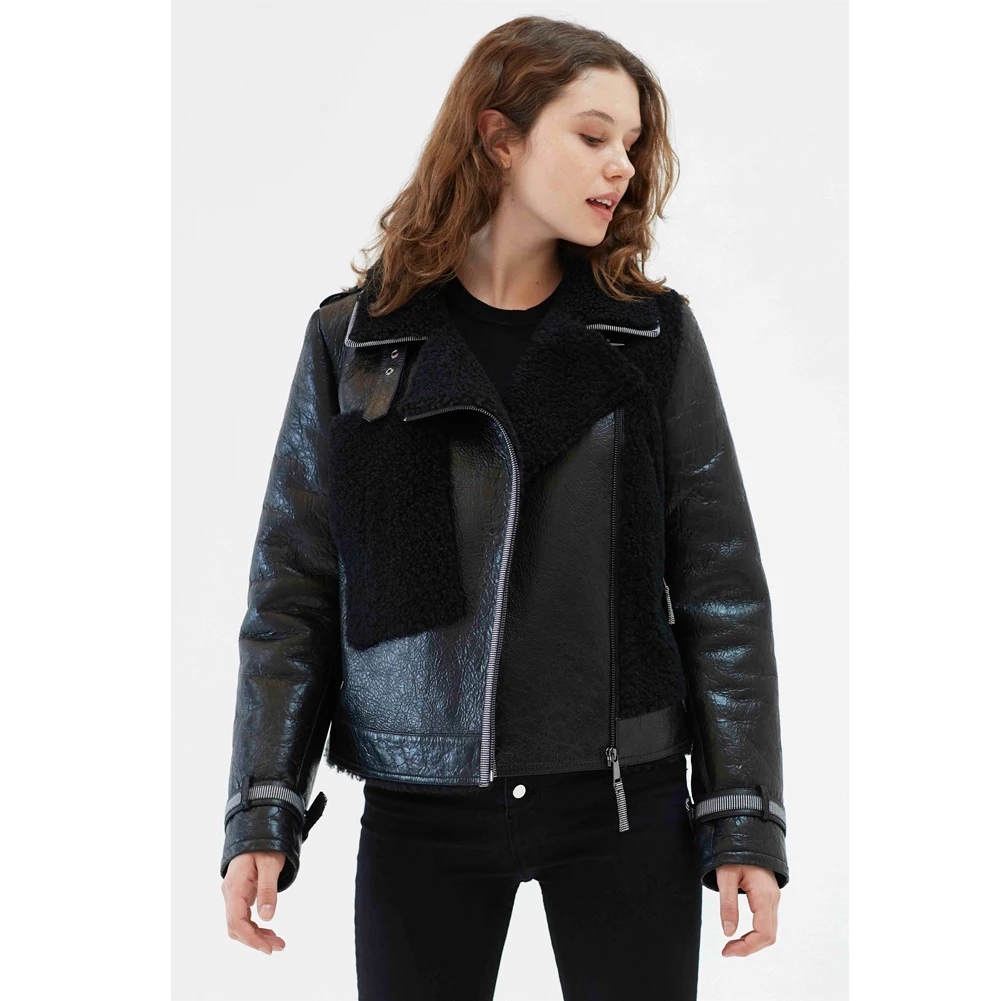 Womens Black Shearling Coat Turkey Wool Coat Short Leather Jacket Womens Bomber Jacket Fur Coat