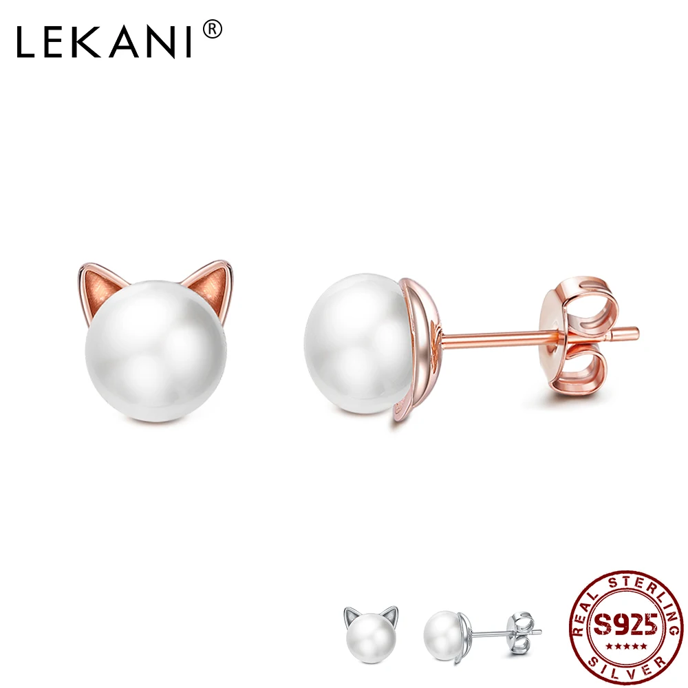 

LEKANI S925 Sterling Silver Stud Earrings Freshwater Pearl Kitten Shaped Natural Earring for Women Engagement Party Fine Jewelry