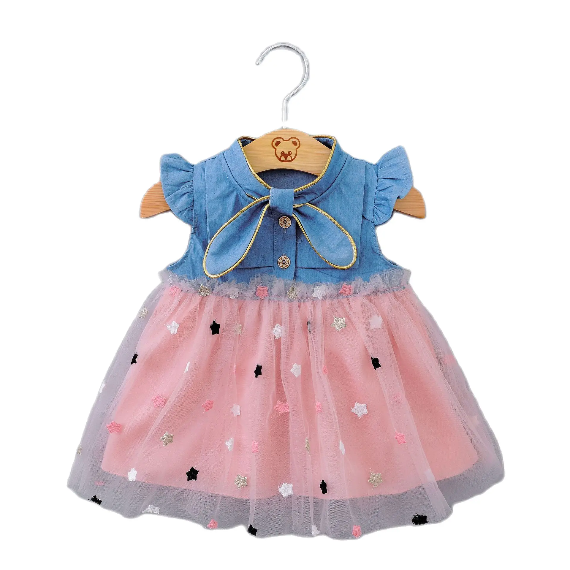 

Baby Girl Dress Denim Flying Sleeve Dress Kids Five-pointed Star Mesh Cute Sweet Princess Dresses Children's Clothing 0-3 Year
