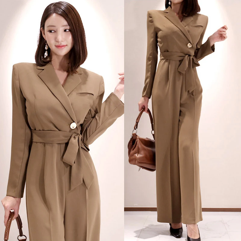 

OL Elegant Wide Leg Lace Up Jumpsuits Women Autumn Solid Color Rompers Belted Waist Office Wear Playsuits