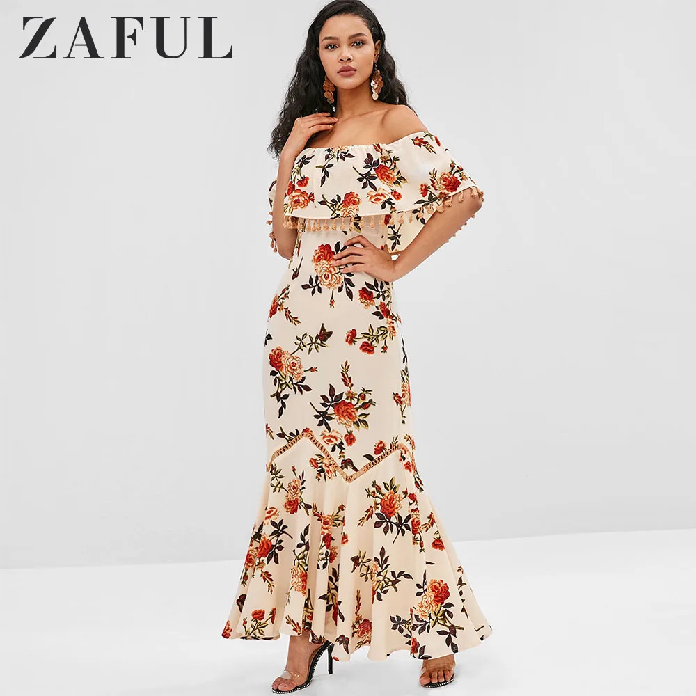 \ &quotZAFUL кисточкой воланом Цветочный принт длинное платье с открытыми плечами