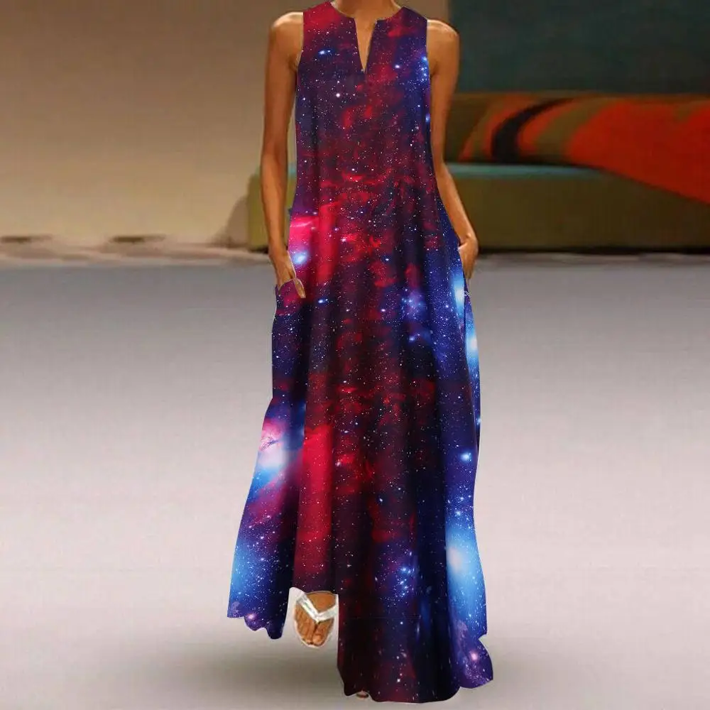 3D Starry Sky Print Long Maxi Dress Summer 2020 New Women Robe Sleeveless Loose Casual Female Dresses Vestido largo mujer
