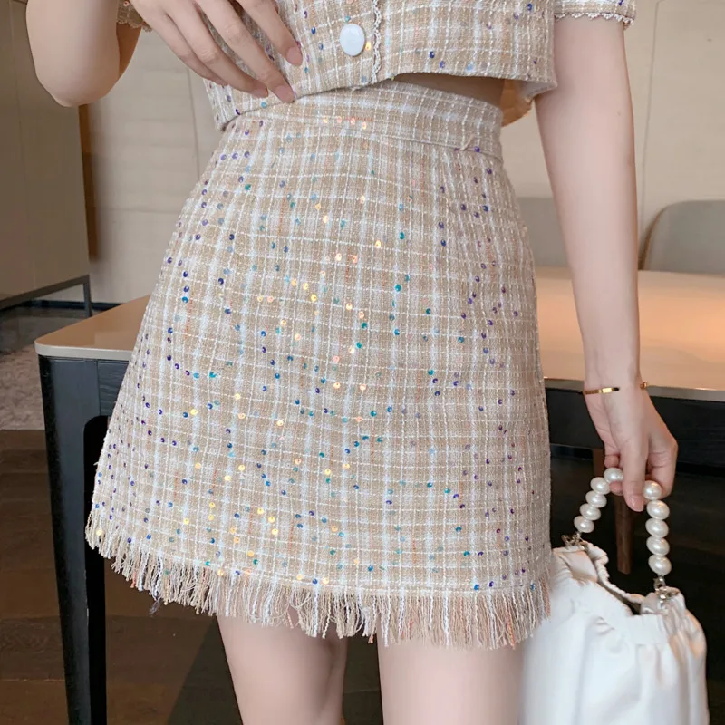 

Sweet Style Sequined Tweed 2 Piece Set Women Puff Sleeve Shirt Crop Top + Tassel Skirts Sets Suits Ladies Two Piece Outfits