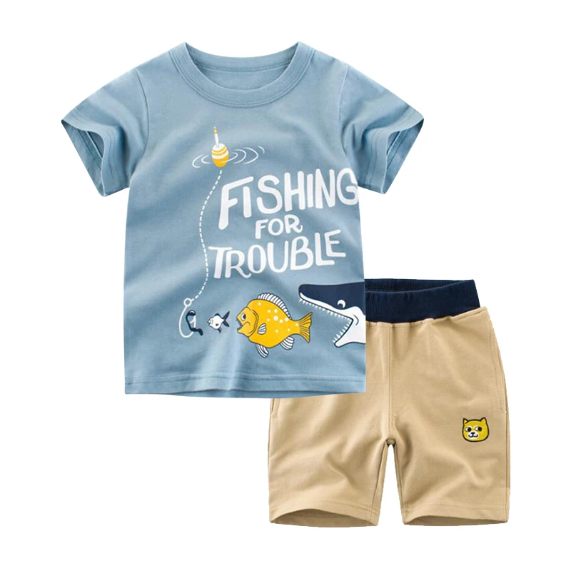 BINIDUCKLING Summer Toddler Boy Clothes Set Cartoon Cotton Blue Short Sleeve T-shirt+Shorts 2PCS For Kid Children Clothing Sets |