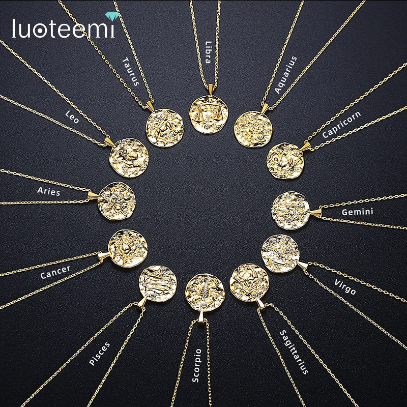 

LUOTEEMI Coin-Shaped Pendant Necklace 12 Constellation Zodiac Designs Fashion Circle Jewelry for Women Dating Christmas Gifts