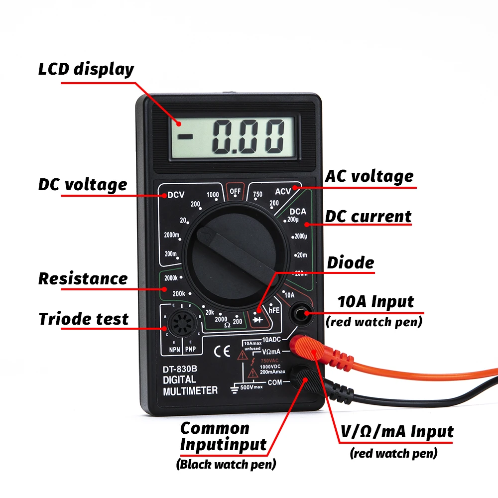 

750/1000V AC/DC Digital LCD Multimeter Voltmeter Ammeter Ohm Tester High Safety Handheld Meter Digital Multimeter DT830B