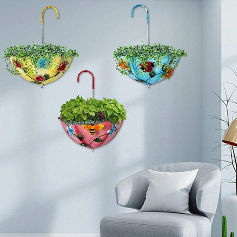 

3PCS Metal Umbrella Hanging Planter Flower Pot Basket Holder Set Flower Pots Bonsai Metal Umbrella Hanging Planter Wall Decor