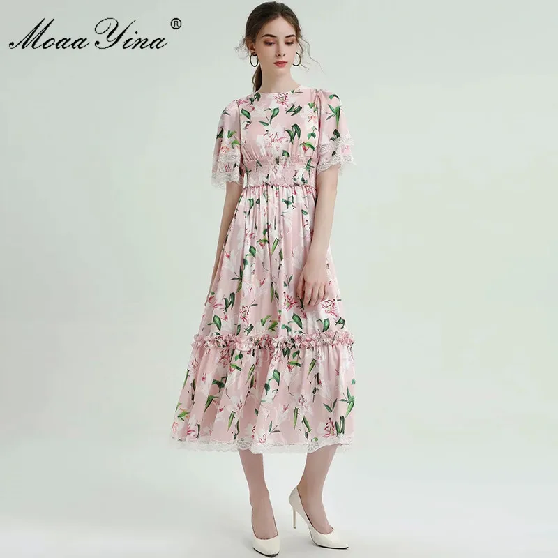 Модельное дизайнерское платье MoaaYina весенне летнее женское розовое кружевные