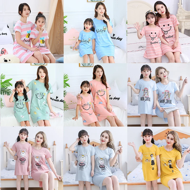 Mother Kids Pajamas Family Matching Clothes Mom Daughter Nightgowns Summer Cotton Night Dress Girls Women Nightwear Sleepshirts | Мать и