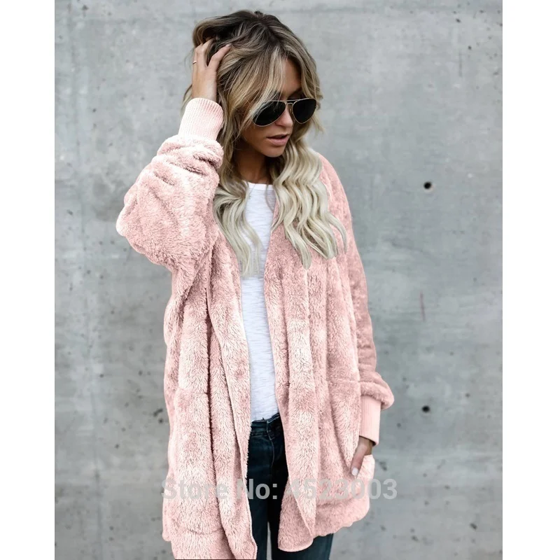 Для женщин пушистый флис Свободный кардиган с капюшоном из искусственного меха