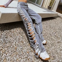 new sexy side hole jeans pants fashion high street ripped high waist straight pant elegant slim loose denim full length trousers