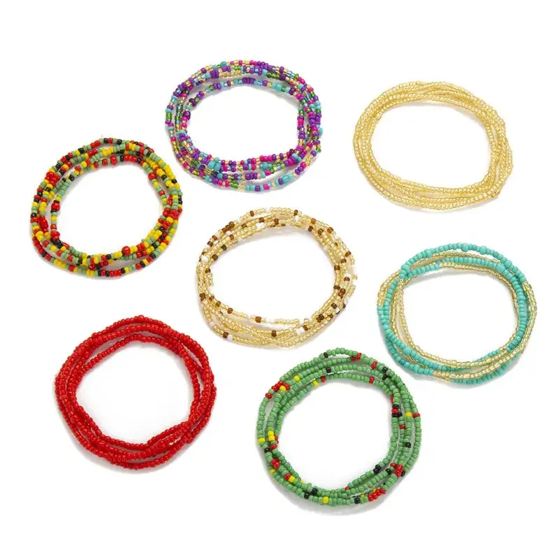 7Pcs Summer Bikini Stretchy Multi-Colors Beaded Belly Waist Chain Body Jewelry K3KC