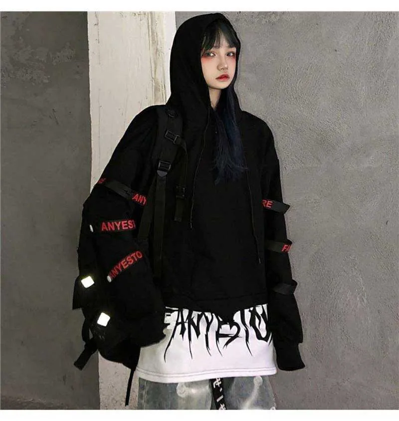

Hip Hop Hoodie Women Korean Loose Tops Female Casual Autumn Long Sleeve Black Punk Hoodie Streetwear High Street Hoodies