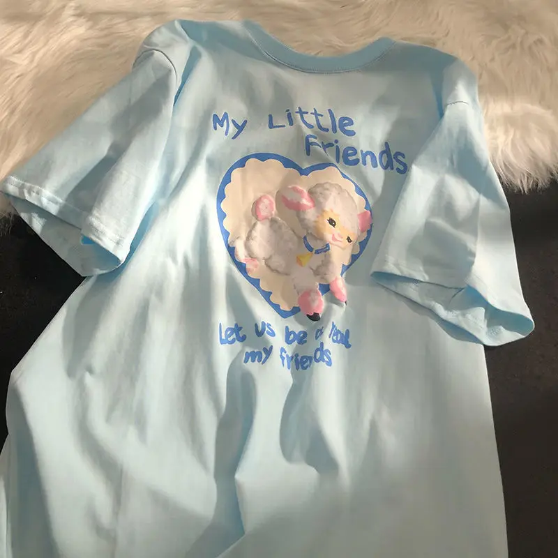 Футболка женская с коротким рукавом свободная простая нежная мультяшным принтом