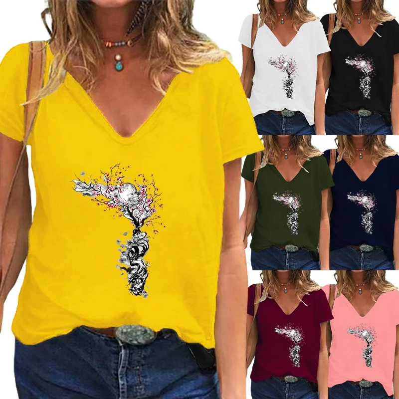 

Plus Size Womens V-neck Summer Fashion Plum Blossom Printed T-shirt Casual Short-sleeved T-shirt Loose Solid Color Blouse top