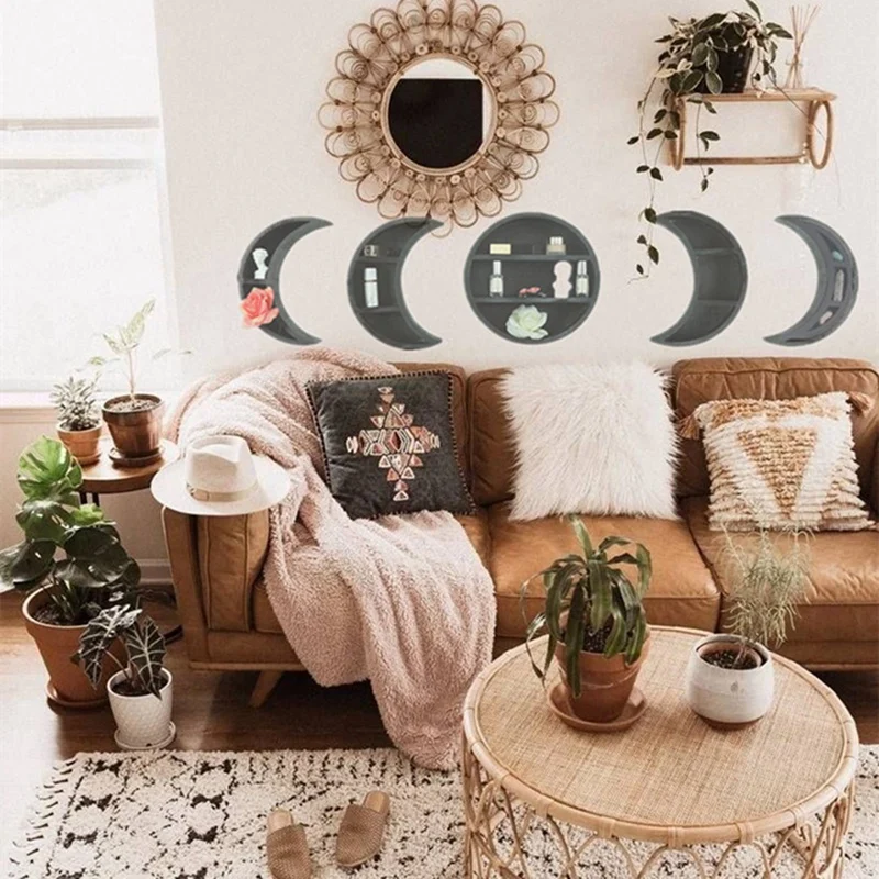 

1Set Storage Shelf Rustic Wooden Moon Shape Living Room Kitchen Floating Wall Mounted Hanging Home Decor Space Saving