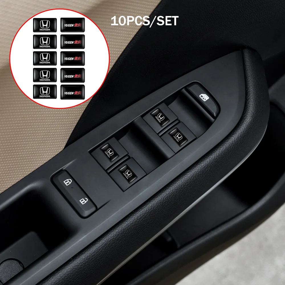 

10PCS 3D Epoxy Car Window Lift Button Sticker Steering Wheel Decor Decal for Honda Mugen Spirior CR-V Fit VTEC Hrv City RR Dohc