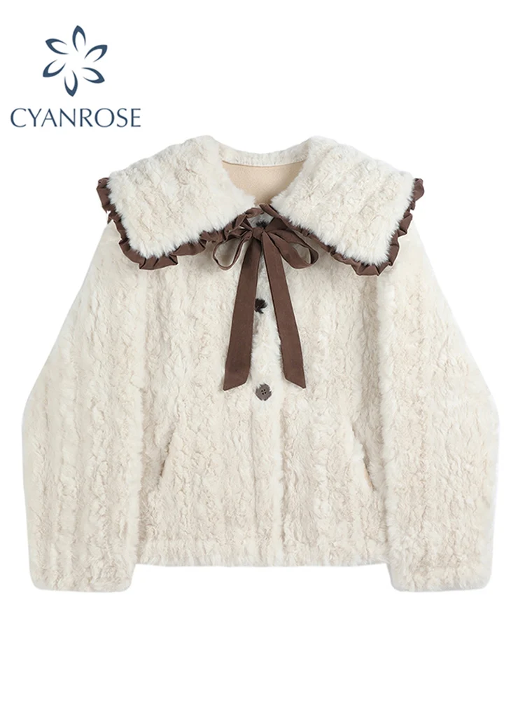 

Women Lamb Wool Jacket Peter Pan Collar Casual Bow Tops Warm Thicken Oversized Trendy Female Sweet Cute Korean Plush Teddy Coats