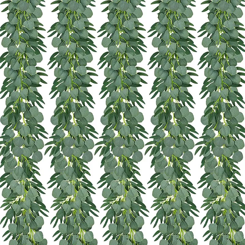 Eucalipto Artificial con guirnalda de sauce, planta de vid falsa con hojas, verde de d&oacute;lar de plata de imitaci&oacute;n, paquete de 5, 6,5 pies-0