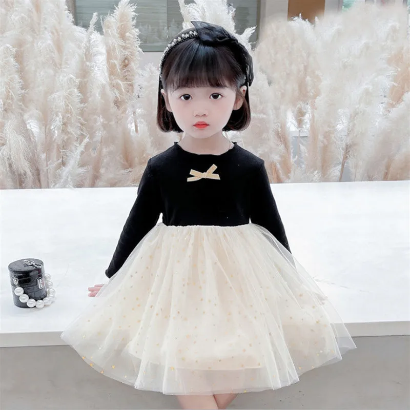 

Cute Girls Dresses Spring Autumn Sweet Child Party Costume 3-7 Years Mesh Stitching Bow Princess Vestidos Kids Costume For Girls