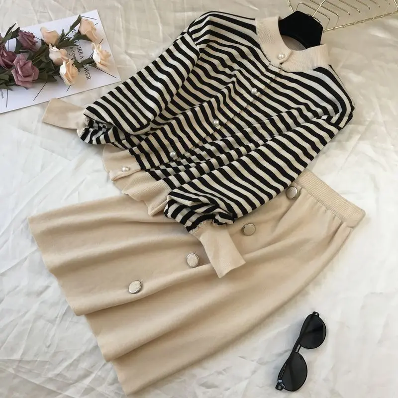 Neploe, маленький аромат, Chandal Mujer, винтажный, для взрослых, полосатый, вязаный, Женский комплект, Осень-зима, короткий кардиган+ широкие штаны, 46470