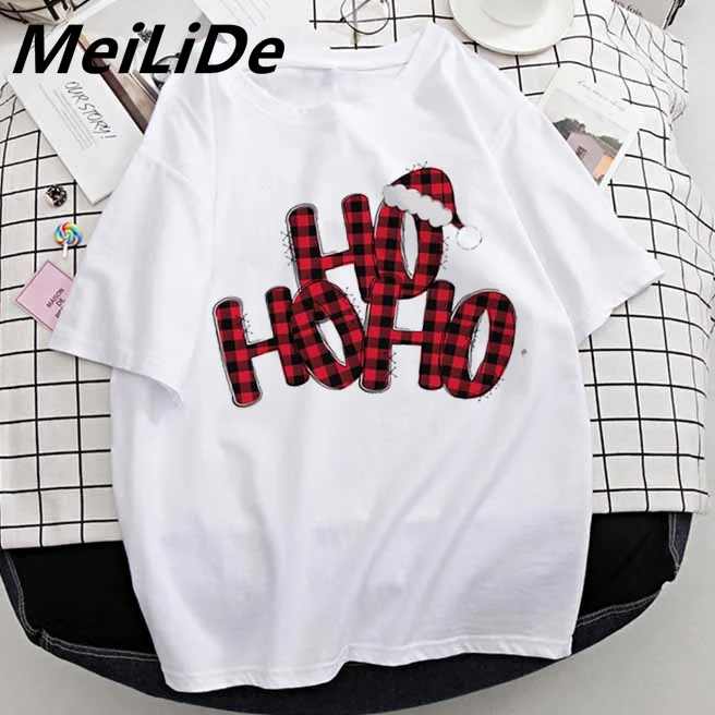 

Women Plaid Letters Holiday Winter New Year Tshirt Tops Happy Merry Christmas Cartoon Clothes 90s Graphic Female Tees T-shirts