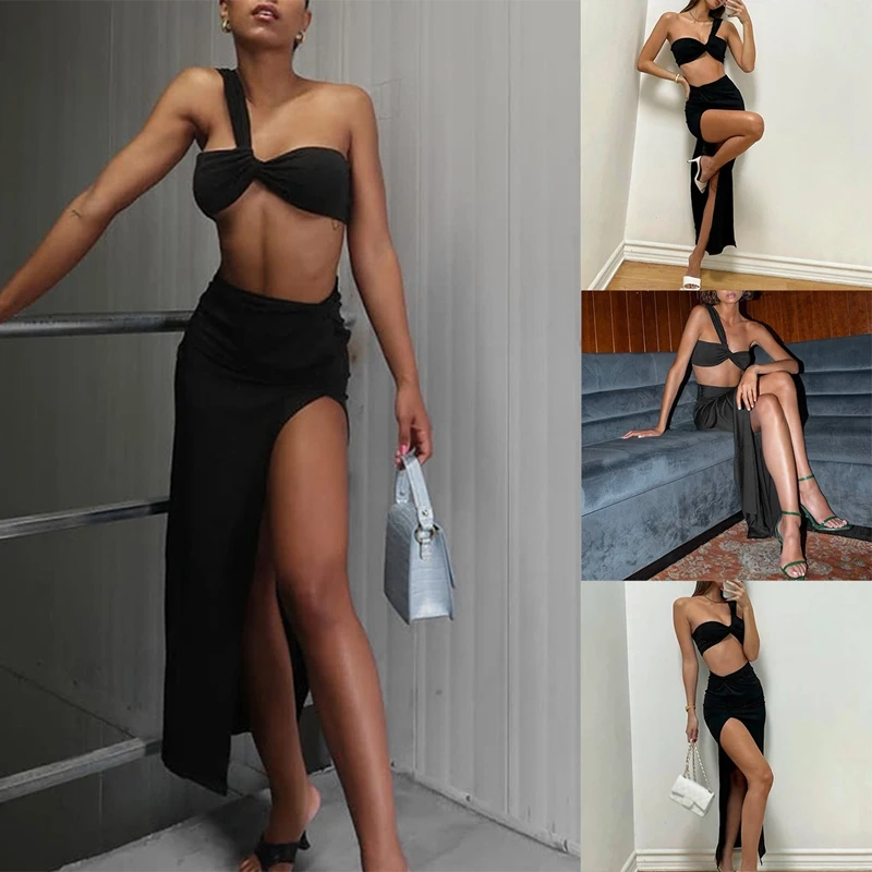 

Summer Ladies Skirt 2-Piece Sexy Vest Split Long Skirt Suit