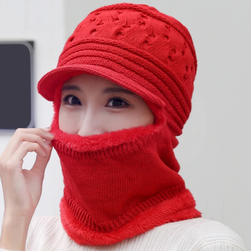 

Ladies Winter Warm Rope Needle Plush Lining Warm Windproof Full Cover Drawstring Earmuffs Hooded Scarf