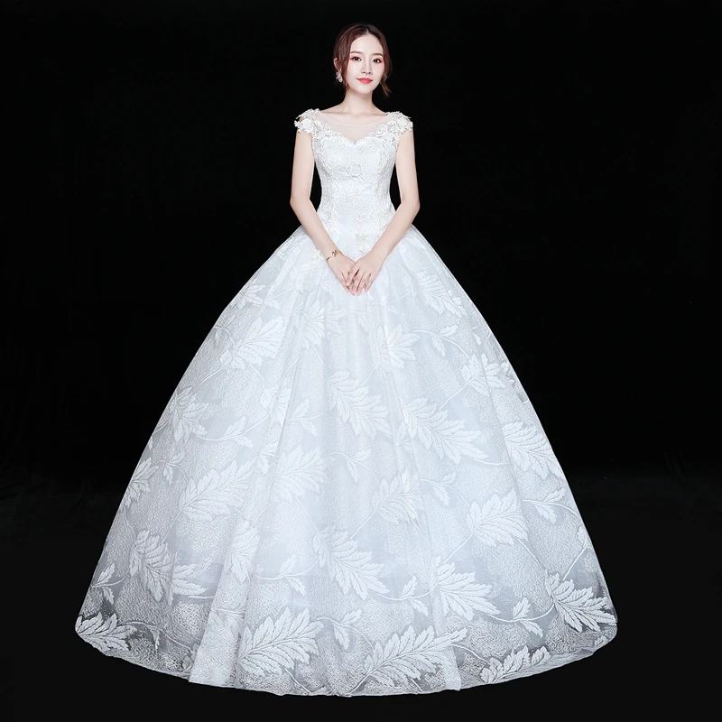

Wedding Dresses Illusion O-Neck Short Embroidery Tulle Lace Backless Luxury White Vintage Floor-Length Women Bridal Gown FB659