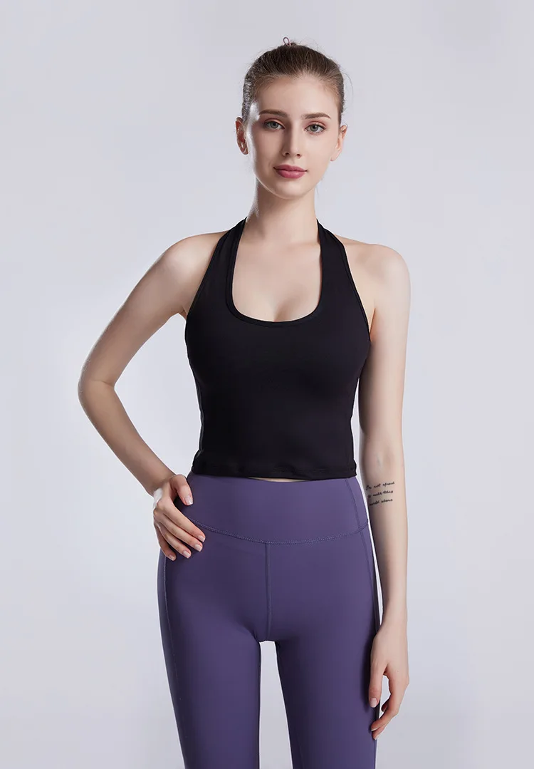 

Push Up Woman Yoga Vest Sport Shirt Straps Chest Pads Gathered Tops High Waist Dance Sportswear Training Workout Clothing 2021