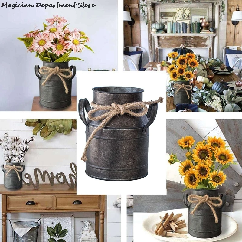 

Vintage Old Tin Bucket Flower Bucket Flower Pot Vase Decor Ornaments Furnishings Prop Garden European Middle Ages Milk Jug Retro