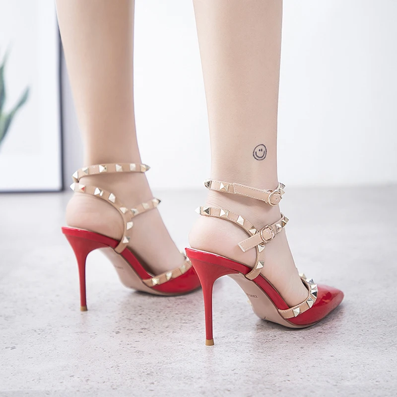 

2020 new Baotou sandals female fairy style pointed shallow mouth sexy stiletto rivets high heels