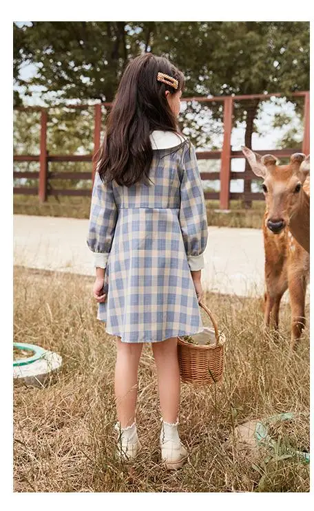 

New Plaid Printed Dress For Girls Long Sleeve Turn Down Collar Party Dresses For Kids Princess Style Birthday Gowns For Children