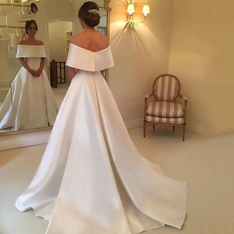

Simple White Satin Wedding Dress 2020 For Women Way Off The Shoulder Cheap Bride Dress To Measure Vestido De Novia Robe Mariage