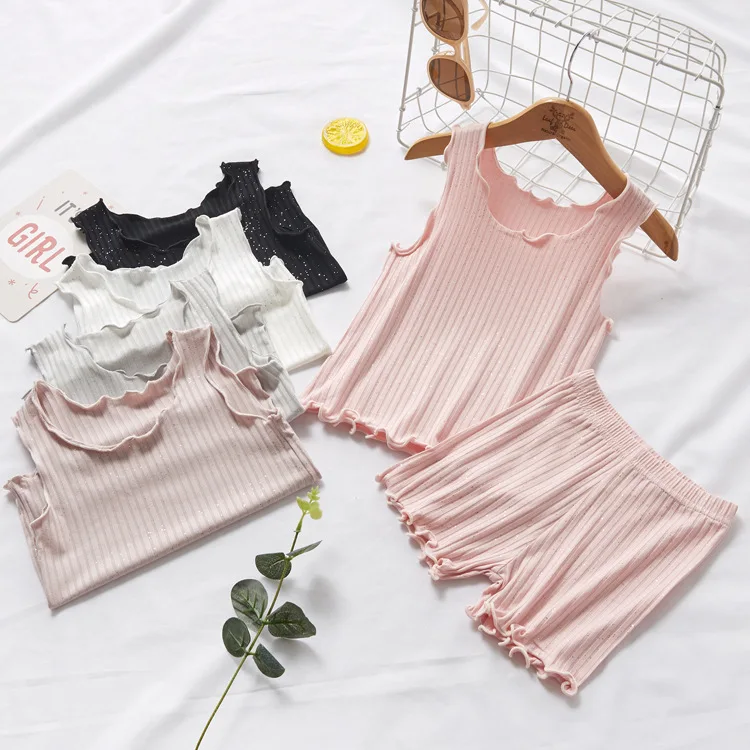 

Детская одежда, костюм из двух предметов, новинка, однотонная Домашняя одежда из модала для девочек, жилет и шорты, костюм, детский летний де...