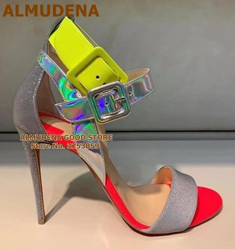 Неоново-желтые сандалии ALMUDENA с ремешком на пряжке голограмма переливающиеся