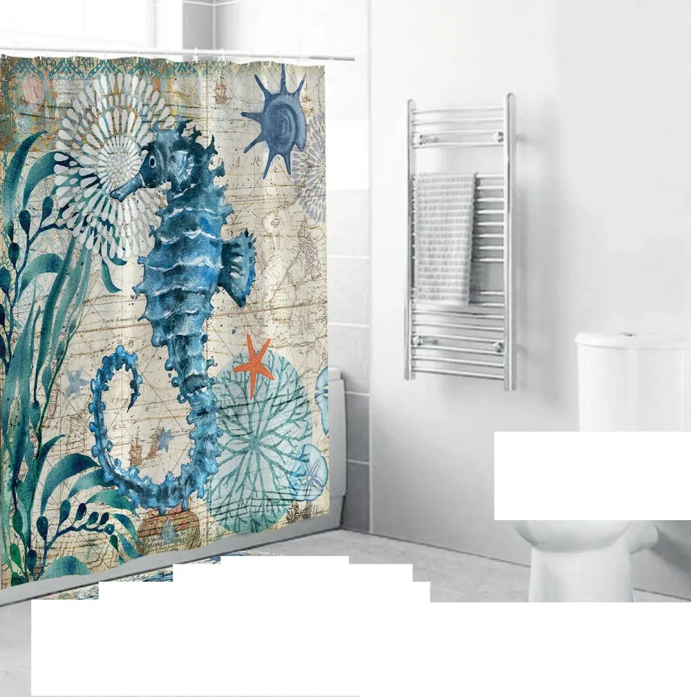 Seahorse печатных полиэстер занавески для душа W150xL180/W180XL180CM/W180XL200CM занавески для ванной комнаты
