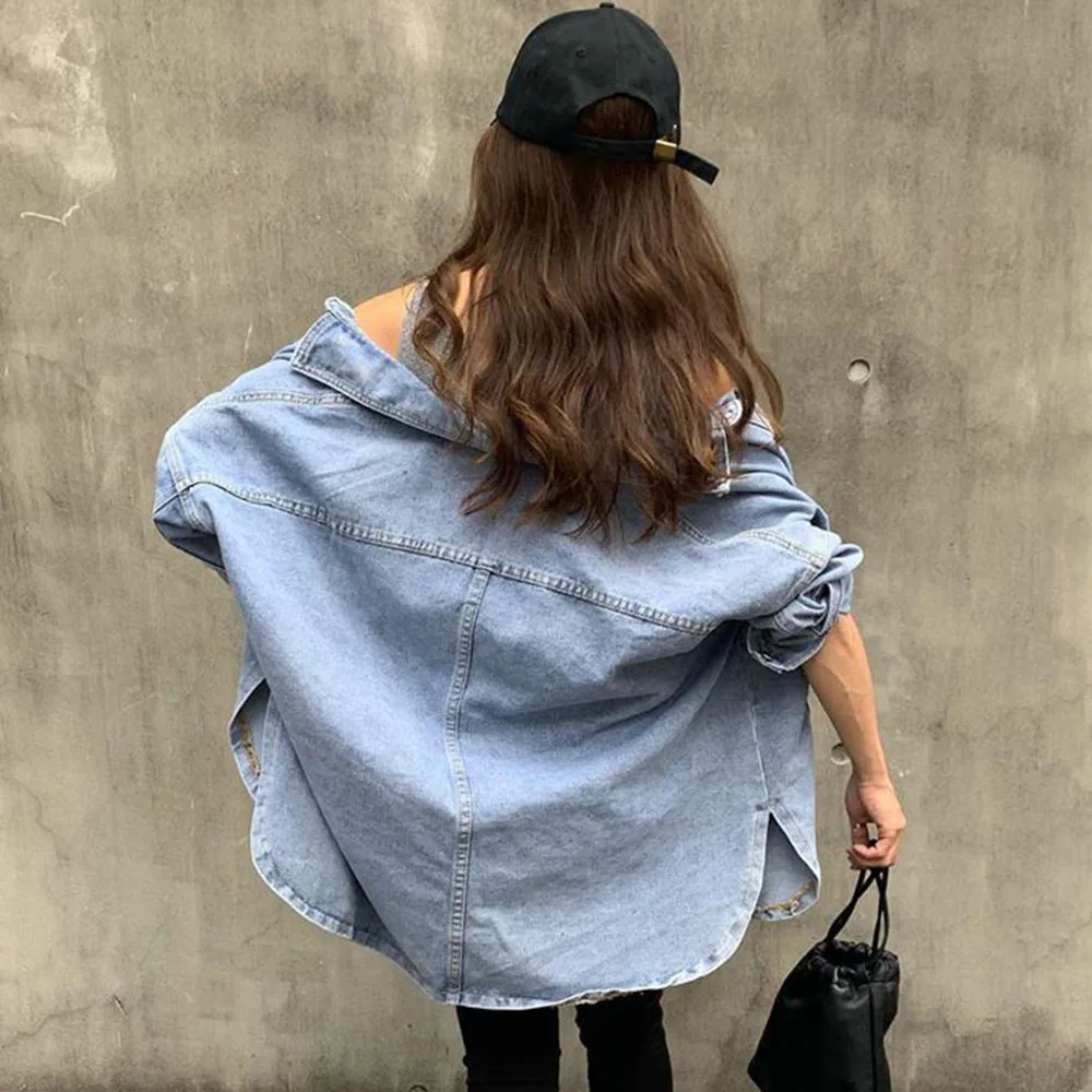 

Spring Autumn 2020 Women Denim Jacket Thin BF Style Lapel Pockets Long Sleeve Single-Breasted Casual Loose Girl Coat Shirt Tops