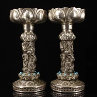 11nepal temple collection old bronze gilt silver mosaic gem panlong wax table a pair lamp stand town house exorcism