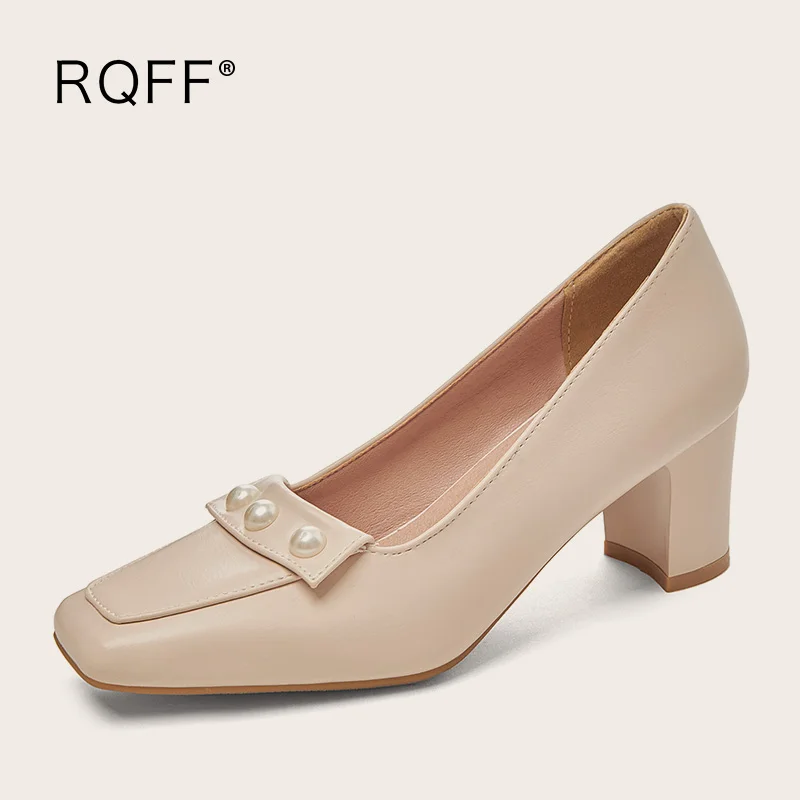 

Plus Size Women Shoes 44 45 2021 Spring New Fashion Square Toe 6cm Block Heels Pumps Handmade Slip on Black White Beige Footwear