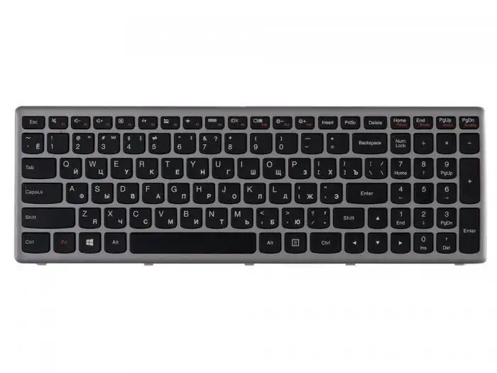 Клавиатура для ноутбука Lenovo IdeaPad P500 Z500 черные кнопки серая (серебристая) рамка