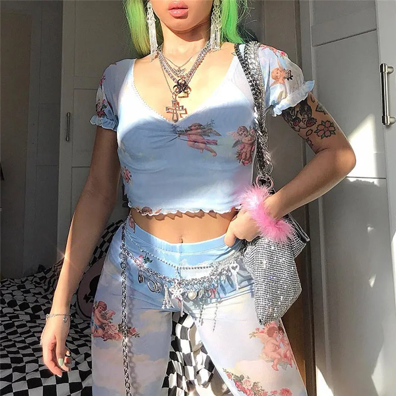 Футболка женская с оборками Приталенный топ коротким рукавом V-образным вырезом