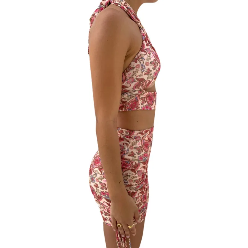 

Women Floral Print Clothes Set, Halter Sleeveless Backless Bandage Hollow Out Cropped Tops + Drawstring Mini Skirt Summer 2021
