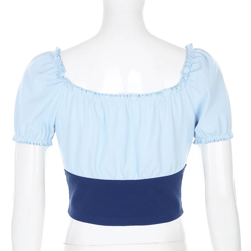 

Sweetkama 2020 Summer Women's plain color spliced ruffled bubble sleeve square collar short sleeve T-shirt