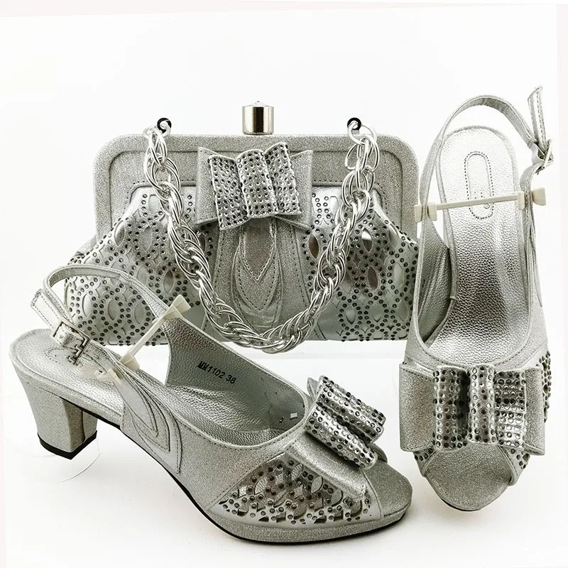 

Hot Party Set Peach African Lady sandal Shoes And Bag Set With Rhinestones MM1102 Heel Height 7CM