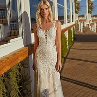 jeheth spaghetti straps backless tulle wedding dresses mermaid for women lace applique sleeveless bridal dress vestidos de novia