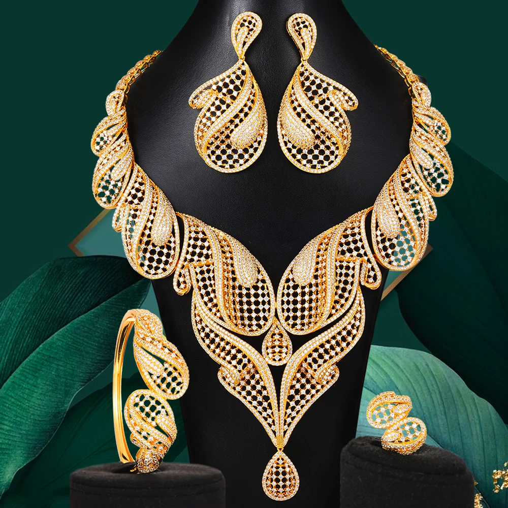 

GODKI 4PCS Big Fashion Luxury Leaf Jewelry Sets african For Women Wedding African Cubic Zircon CZ Dubai Bridal Jewelry 2020