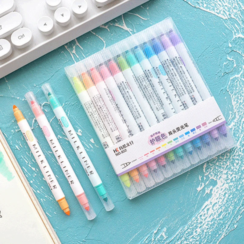 

12 Pcs School Office Stationery Highlighters Set Sketching Markers Supplies Kawaii Cute Color Pens For Drawing Lettering Marker