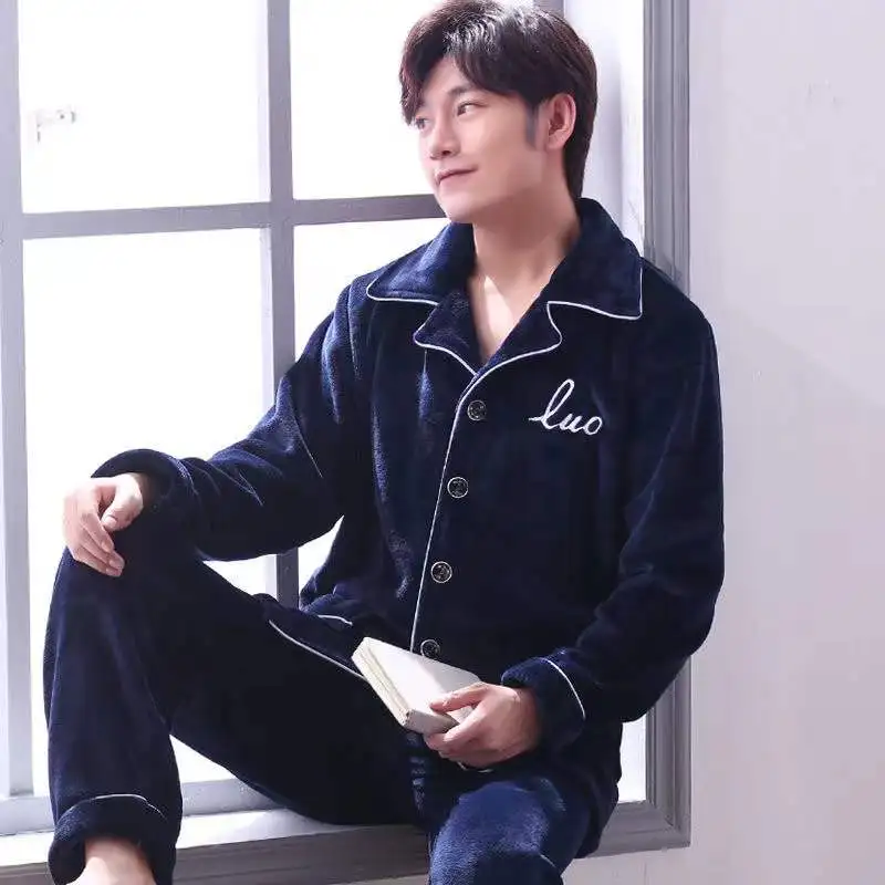 Winter Pajama Set Men's Flannel Thicken Warm Sleepwear L-3XL Pyjamas Long Sleeve Trousers Plus Size Loose Nightgown Male